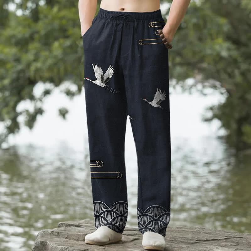Buddha Stones Cotton White Crane Wave Pattern Men's Tapered Pants With Pockets - Navy - US/UK/AU50，EU60 (5XL) - image 0