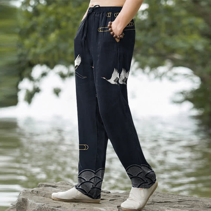 Buddha Stones Cotton White Crane Wave Pattern Men's Tapered Pants With Pockets - image 1