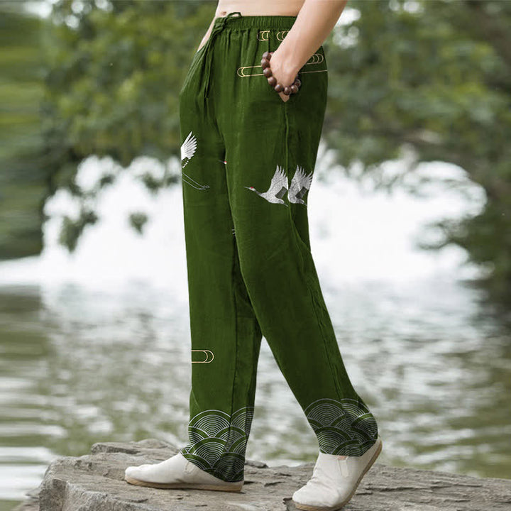 Buddha Stones Cotton White Crane Wave Pattern Men's Tapered Pants With Pockets - image 5