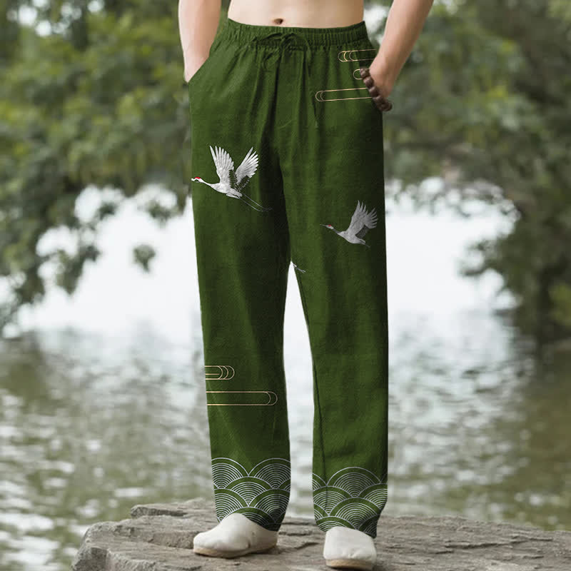 Buddha Stones Cotton White Crane Wave Pattern Men's Tapered Pants With Pockets - OliveDrab - US/UK/AU50，EU60 (5XL) - image 4