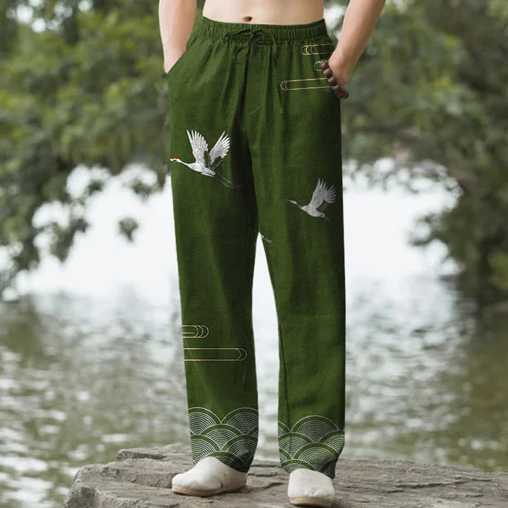 Buddha Stones Cotton White Crane Wave Pattern Men's Tapered Pants With Pockets - OliveDrab - US/UK/AU50，EU60 (5XL) - image 4