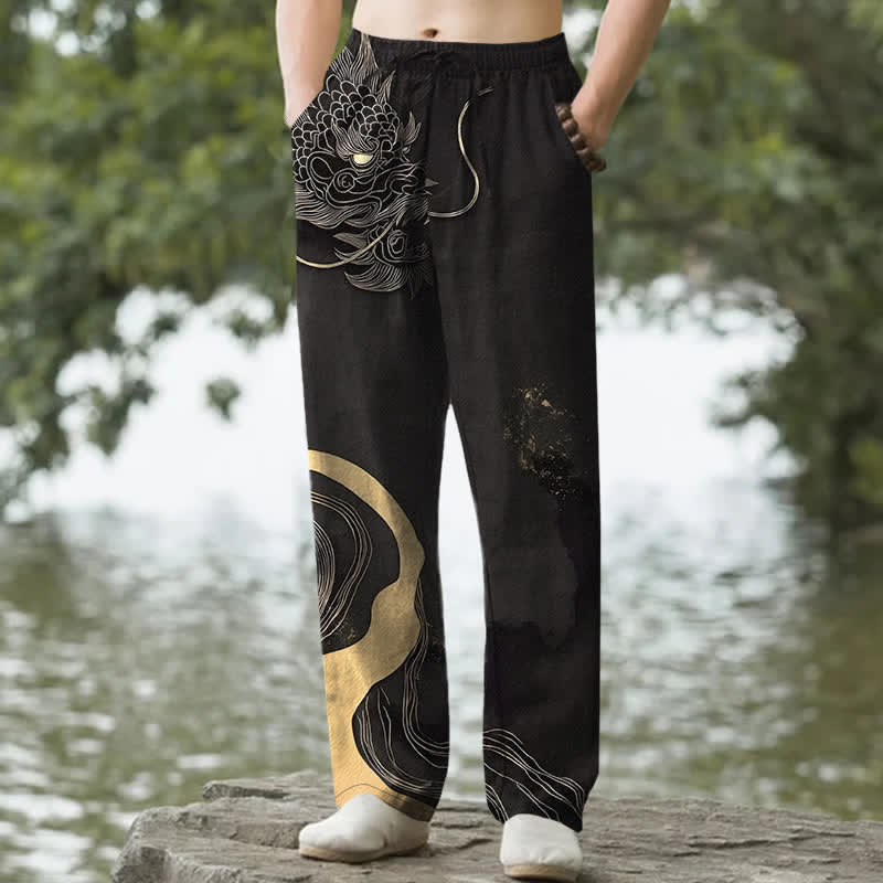 Buddha Stones Cotton Golden Dragon Wave Pattern Men's Tapered Pants With Pockets - Black - US/UK/AU50，EU60 (5XL) - image 0