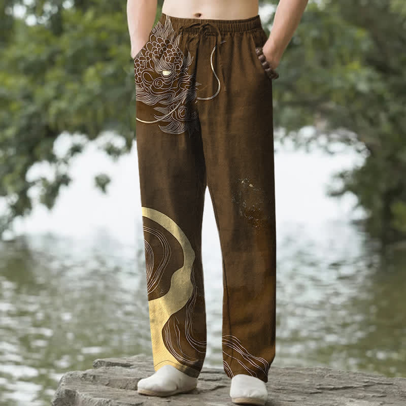 Buddha Stones Cotton Golden Dragon Wave Pattern Men's Tapered Pants With Pockets - SaddleBrown - US/UK/AU50，EU60 (5XL) - image 6