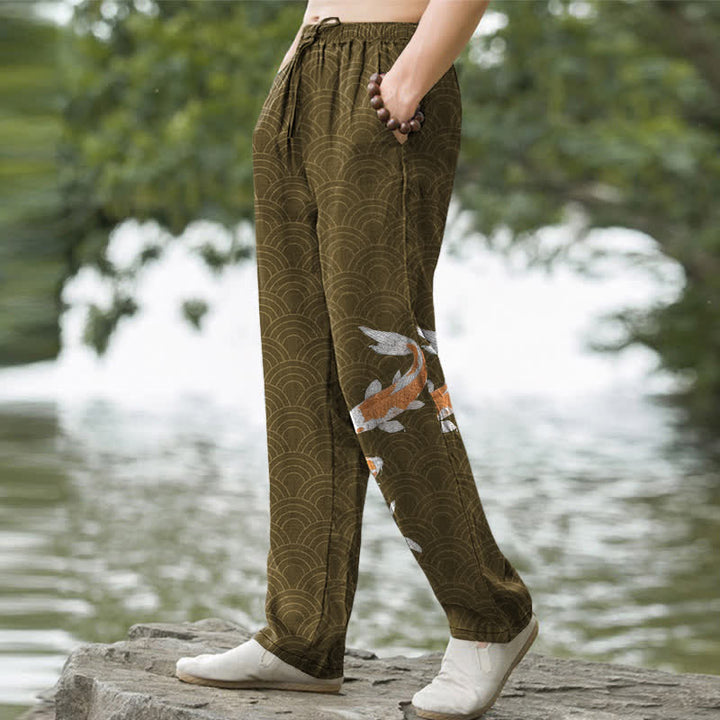 Buddha Stones Cotton Koi Fish Wave Pattern Men's Tapered Pants With Pockets - image 5