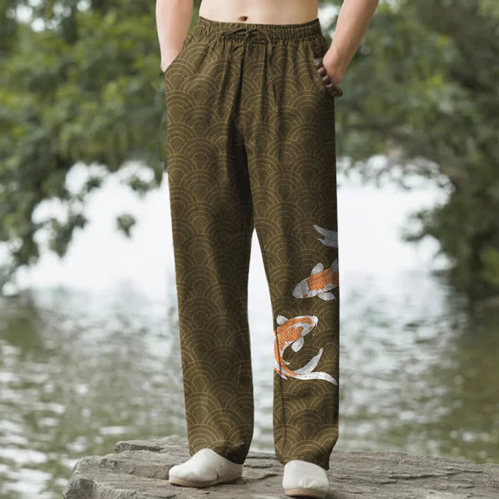 Buddha Stones Cotton Koi Fish Wave Pattern Men's Tapered Pants With Pockets - Olive - US/UK/AU50，EU60 (5XL) - image 4