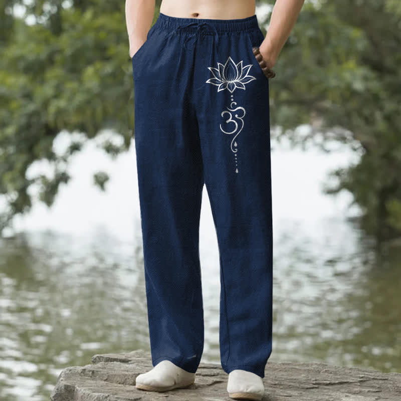 Buddha Stones Cotton Lotus Om Pattern Men's Tapered Pants With Pockets - Navy - US/UK/AU50，EU60 (5XL) - image 0
