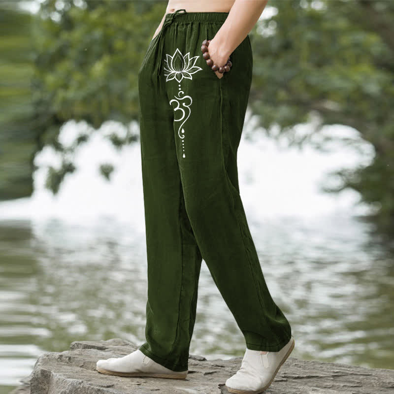 Buddha Stones Cotton Lotus Om Pattern Men's Tapered Pants With Pockets - image 5