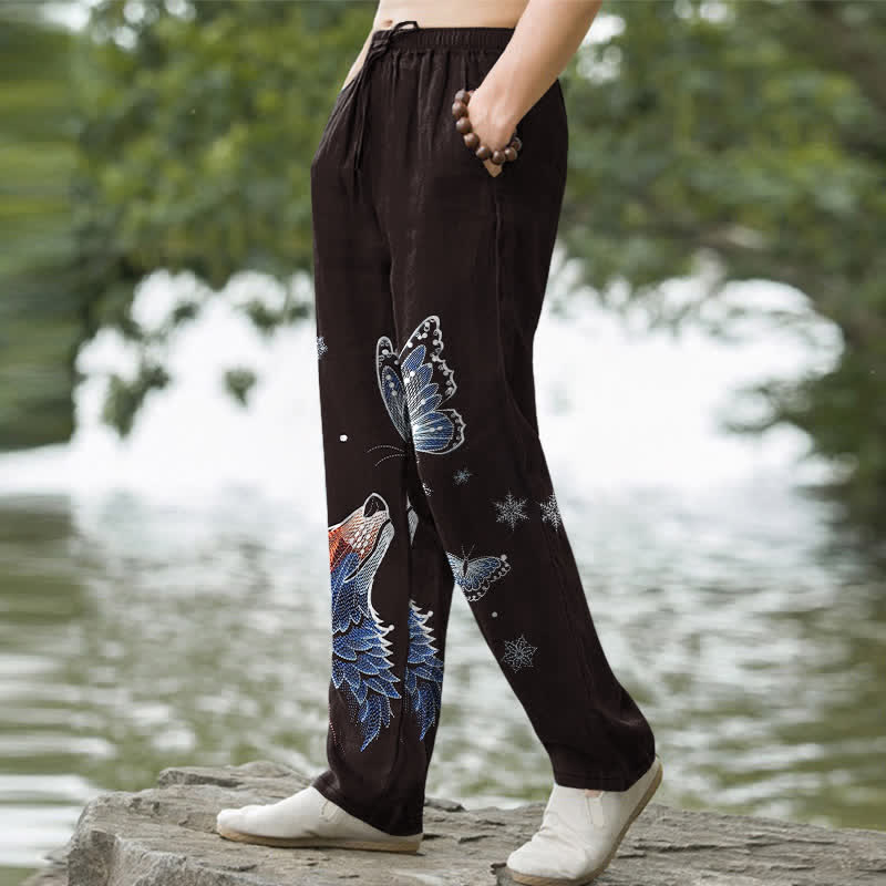 Buddha Stones Cotton Butterfly Fox Pattern Men's Tapered Pants With Pockets - image 1