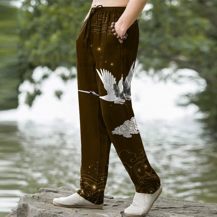 Buddha Stones Cotton Flying White Crane White Wave Pattern Men's Tapered Pants With Pockets - image 7