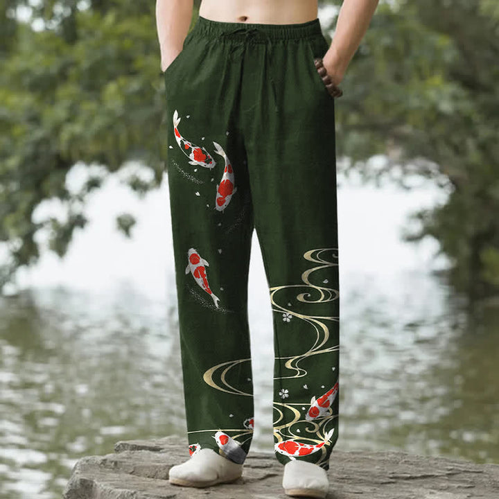 Buddha Stones Cotton Red White Koi Fish Water Ripple Pattern Men's Tapered Pants With Pockets - DarkGreen - US/UK/AU50，EU60 (5XL) - image 0
