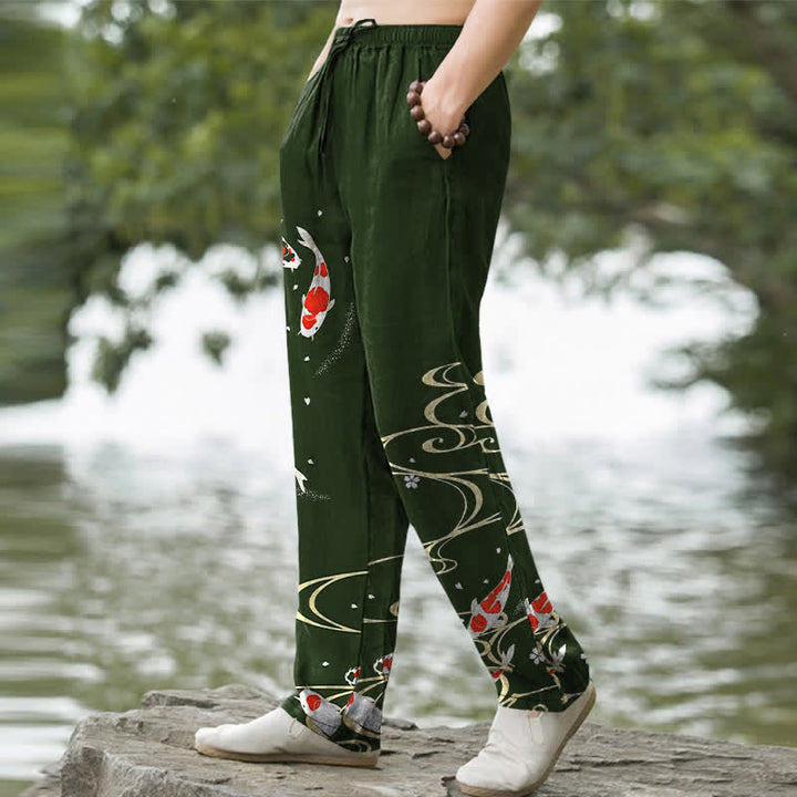 Buddha Stones Cotton Red White Koi Fish Water Ripple Pattern Men's Tapered Pants With Pockets - image 1