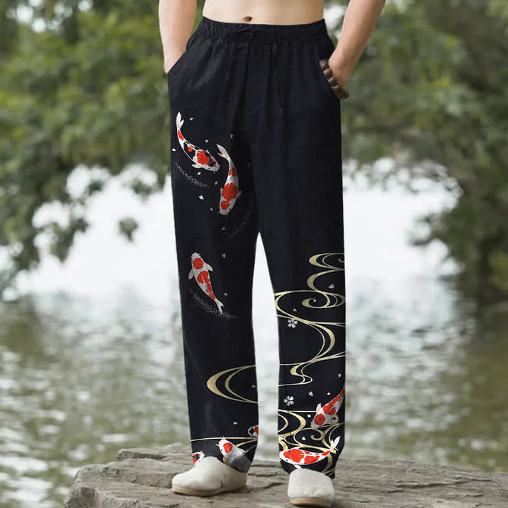 Buddha Stones Cotton Red White Koi Fish Water Ripple Pattern Men's Tapered Pants With Pockets - Black - US/UK/AU50，EU60 (5XL) - image 4