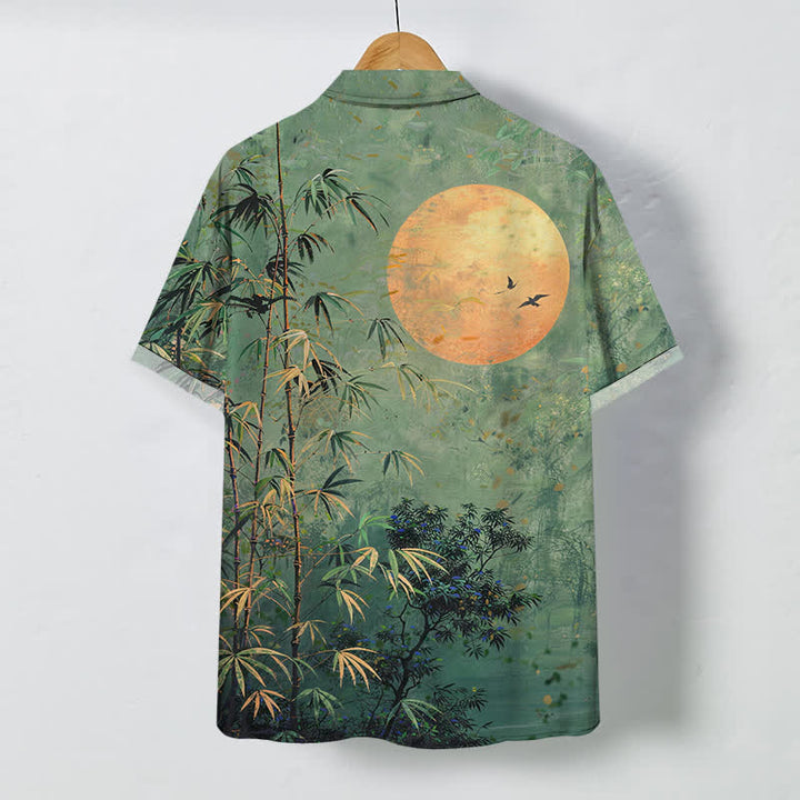 Buddha Stones Bamboo Moon Birds Pattern Buttons Breathable Men's Short Sleeve Shirt - image 1