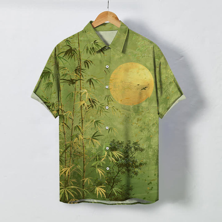 Buddha Stones Bamboo Moon Birds Pattern Buttons Breathable Men's Short Sleeve Shirt - OliveDrab - US/UK/AU48，EU58 (4XL) - image 7