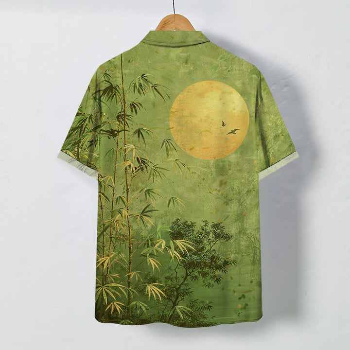 Buddha Stones Bamboo Moon Birds Pattern Buttons Breathable Men's Short Sleeve Shirt - image 8