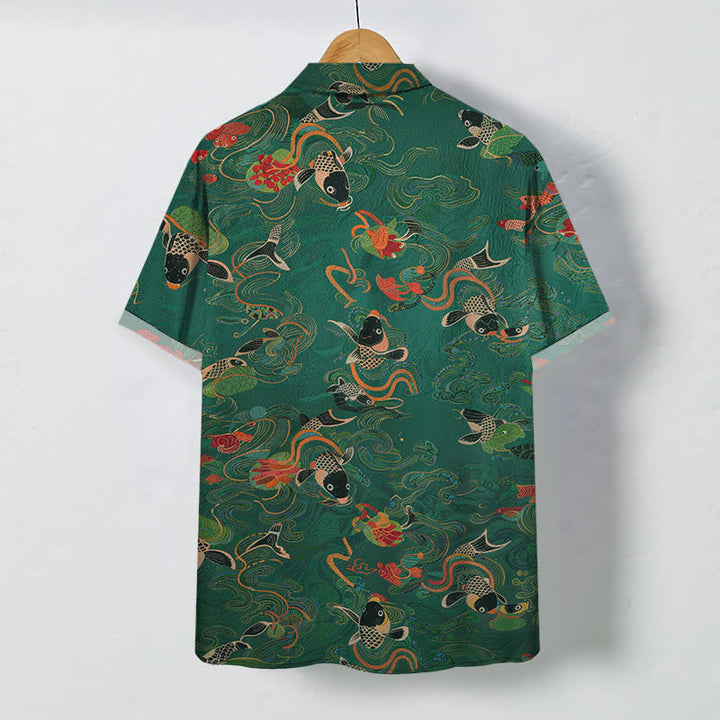 Buddha Stones Koi Fish Wave Clouds Pattern Buttons Breathable Men's Short Sleeve Shirt - image 1