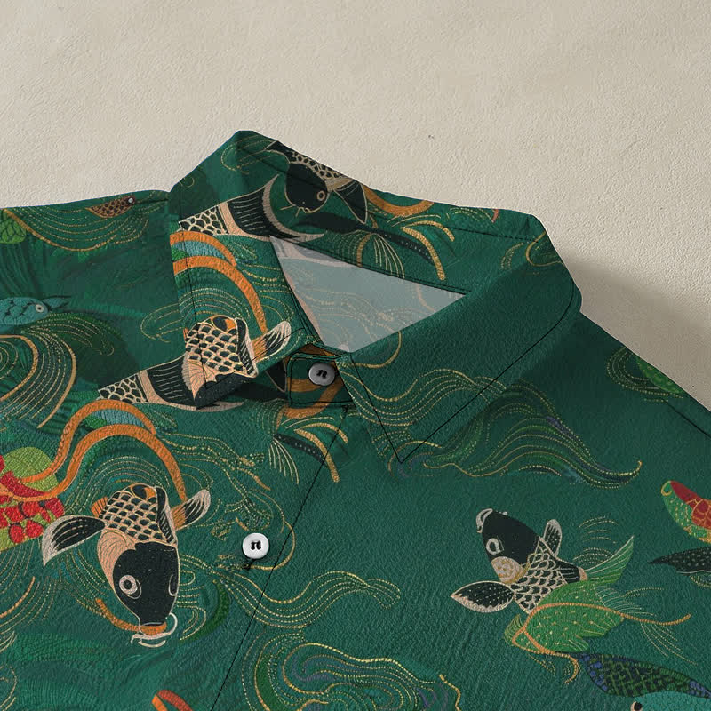 Buddha Stones Koi Fish Wave Clouds Pattern Buttons Breathable Men's Short Sleeve Shirt - image 2