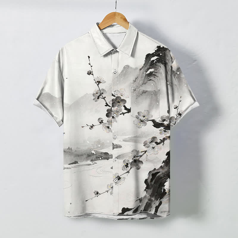 Buddha Stones Ink Landscape Plum Blossom Pattern Buttons Wrinkle-resistant Men's Short Sleeve Shirt - WhiteSmoke - US/UK/AU48，EU58 (4XL) - image 0