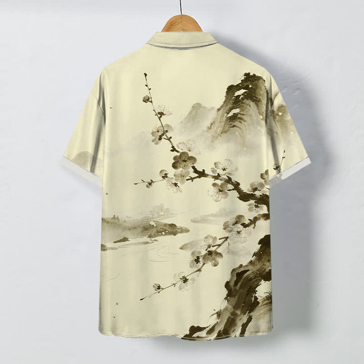 Buddha Stones Ink Landscape Plum Blossom Pattern Buttons Wrinkle-resistant Men's Short Sleeve Shirt - image 4