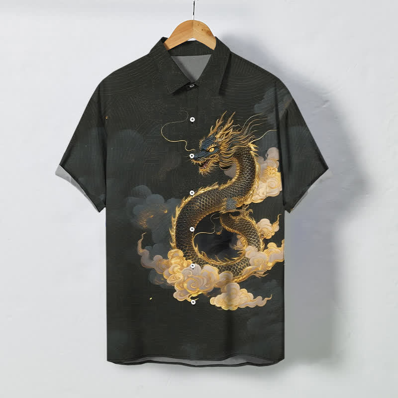 Buddha Stones Golden Dragon Cloud Pattern Buttons Wrinkle-resistant Men's Short Sleeve Shirt - Black - US/UK/AU48，EU58 (4XL) - image 0