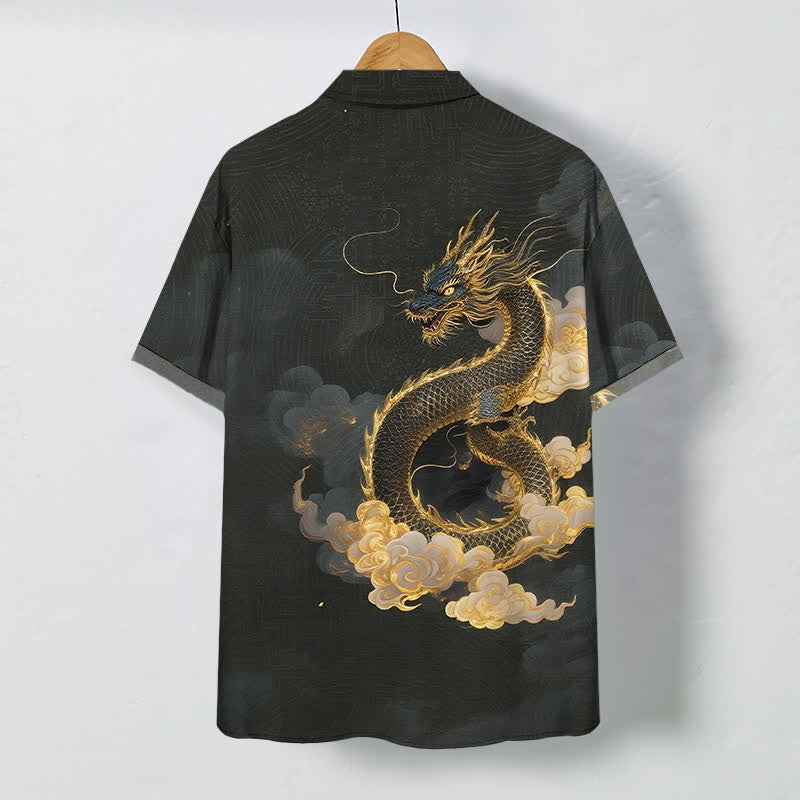 Buddha Stones Golden Dragon Cloud Pattern Buttons Wrinkle-resistant Men's Short Sleeve Shirt - image 1