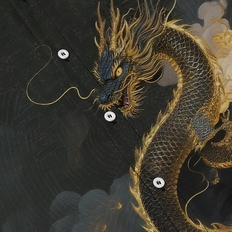 Buddha Stones Golden Dragon Cloud Pattern Buttons Wrinkle-resistant Men's Short Sleeve Shirt - image 3