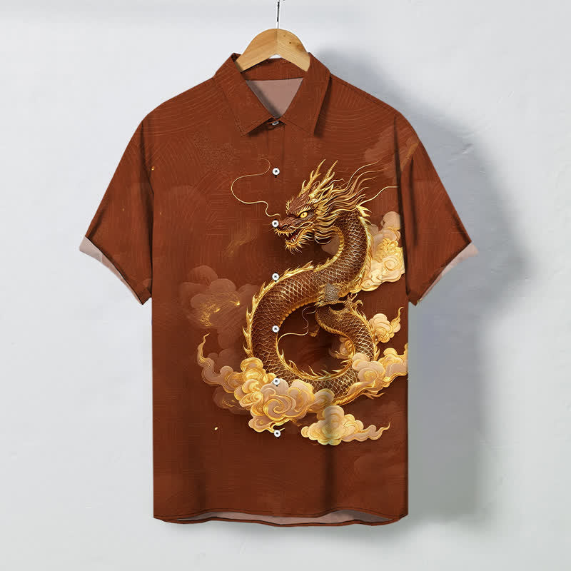 Buddha Stones Golden Dragon Cloud Pattern Buttons Wrinkle-resistant Men's Short Sleeve Shirt - SaddleBrown - US/UK/AU48，EU58 (4XL) - image 5