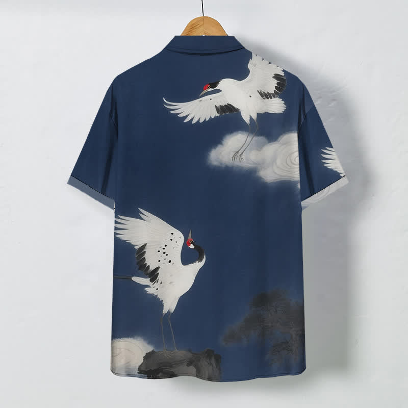 Buddha Stones Flying White Crane Cloud Pattern Buttons Wrinkle-resistant Men's Short Sleeve Shirt - image 1
