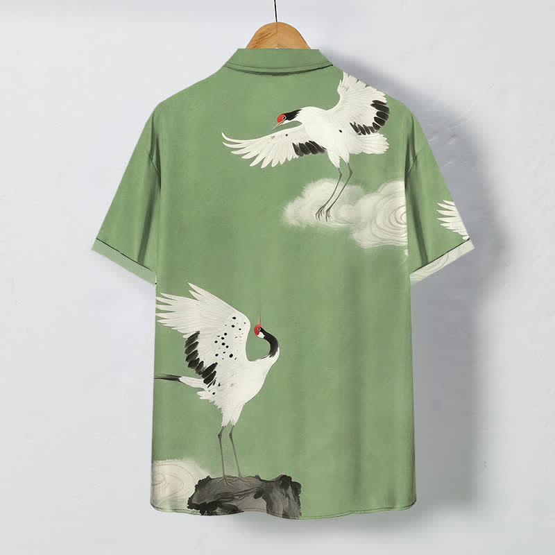 Buddha Stones Flying White Crane Cloud Pattern Buttons Wrinkle-resistant Men's Short Sleeve Shirt - image 6