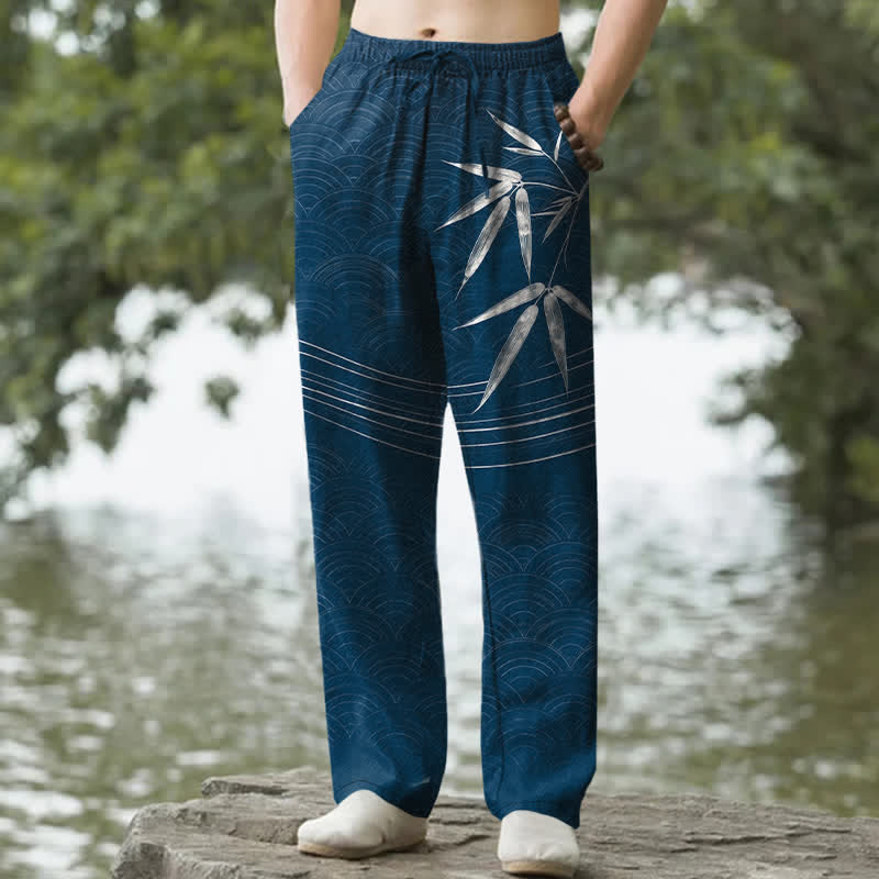 Buddha Stones Cotton Bamboo Leaf Pattern Men's Tapered Pants With Pockets - image 4
