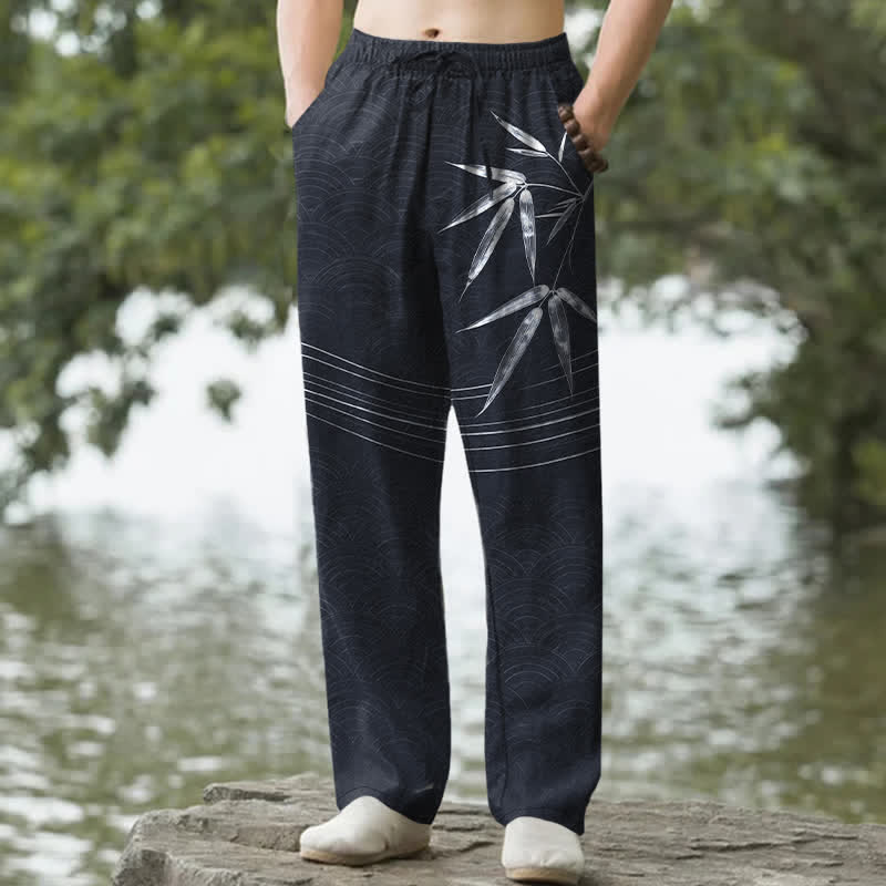 Buddha Stones Cotton Bamboo Leaf Pattern Men's Tapered Pants With Pockets - Black - US/UK/AU50，EU60 (5XL) - image 8