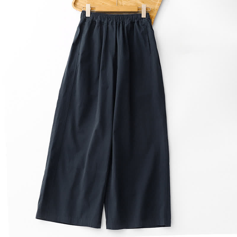 Buddha Stones Spring Summer Casual Minimalist Solid Cropped Pants Women's Wide Leg Pants With Pockets - MidnightBlue - US12, UK/AU16, EU44 (2XL) - image 9
