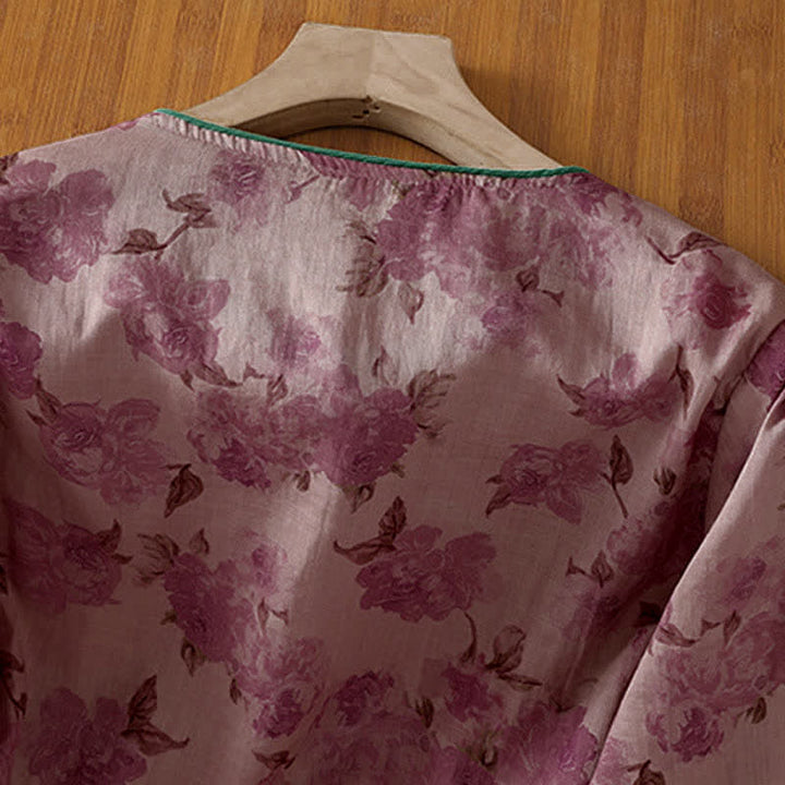 Buddha Stones Summer Tang Style Mandarin Collar Frog Button Floral Women's Three-Quarter Sleeve Shirts - image 10