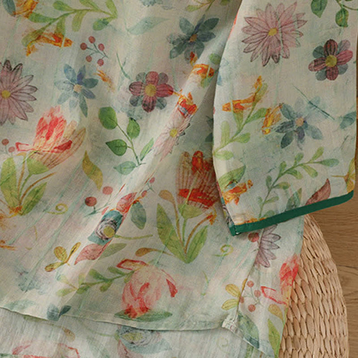 Buddha Stones Summer Tang Style Mandarin Collar Frog Button Floral Women's Three-Quarter Sleeve Shirts - image 21