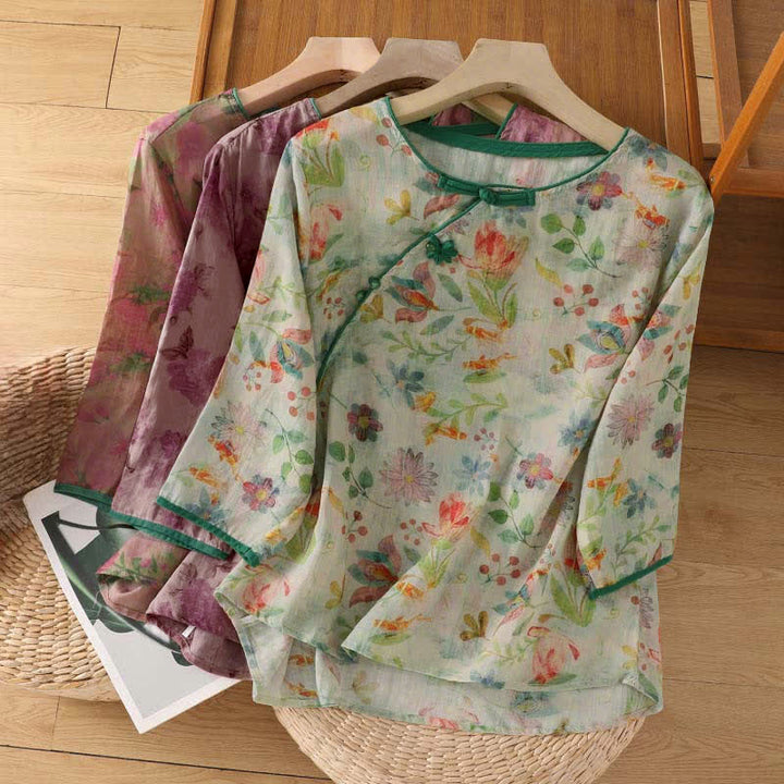 Buddha Stones Summer Tang Style Mandarin Collar Frog Button Floral Women's Three-Quarter Sleeve Shirts - image 23