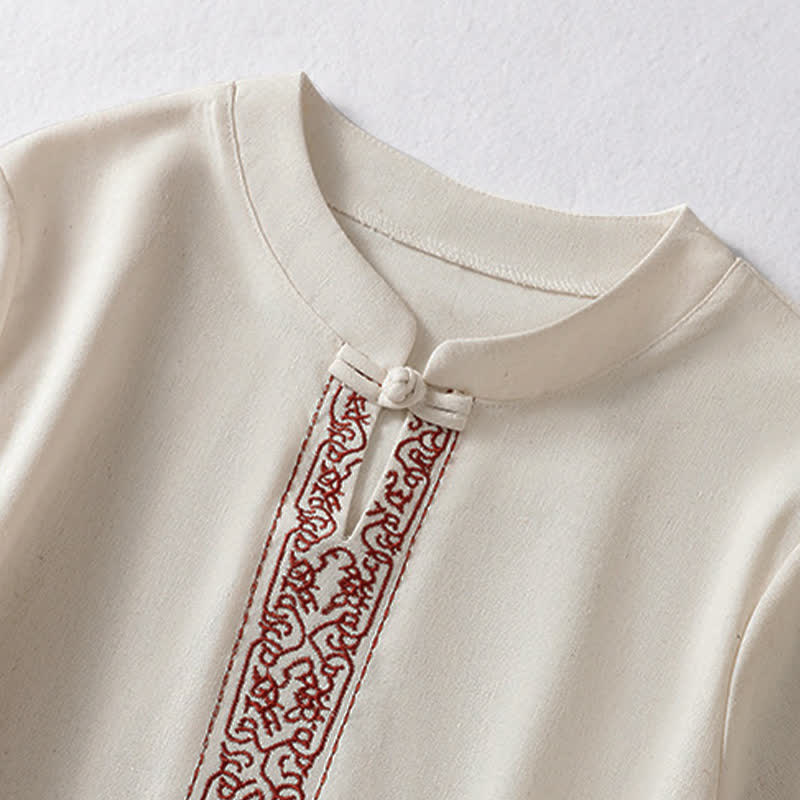 Buddha Stones Summer Tang Style Frog Button Embroidery Vines Solid Women's Short Sleeve Shirts - image 2
