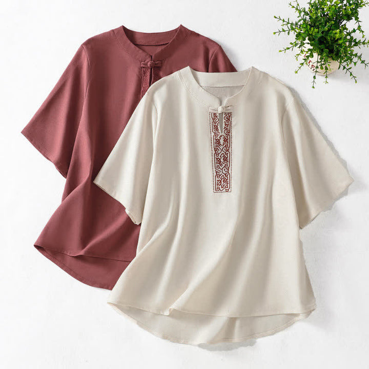 Buddha Stones Summer Tang Style Frog Button Embroidery Vines Solid Women's Short Sleeve Shirts - image 16