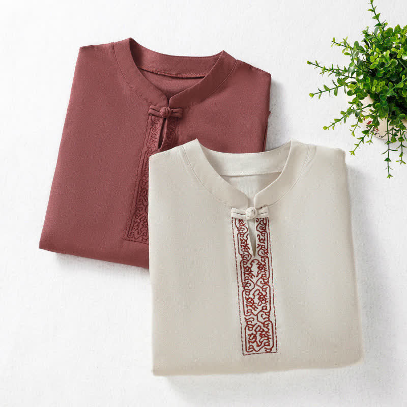 Buddha Stones Summer Tang Style Frog Button Embroidery Vines Solid Women's Short Sleeve Shirts - image 17