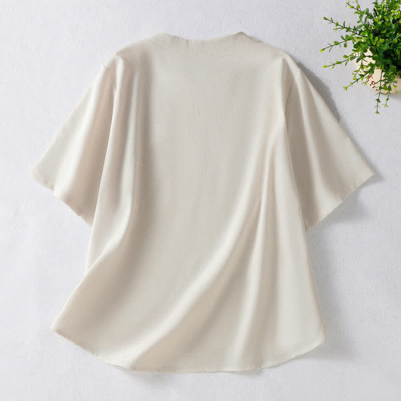 Buddha Stones Summer Tang Style Frog Button Embroidery Vines Solid Women's Short Sleeve Shirts - image 1