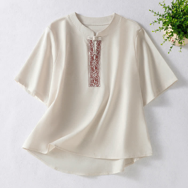 Buddha Stones Summer Tang Style Frog Button Embroidery Vines Solid Women's Short Sleeve Shirts - Linen - US8-10, UK/AU12-14, EU40-42 (2XL) - image 0