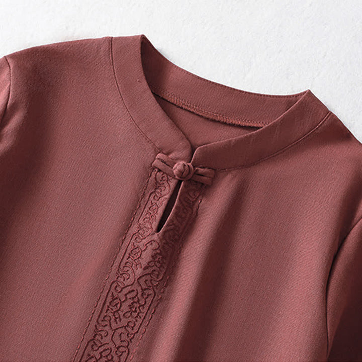 Buddha Stones Summer Tang Style Frog Button Embroidery Vines Solid Women's Short Sleeve Shirts - image 11
