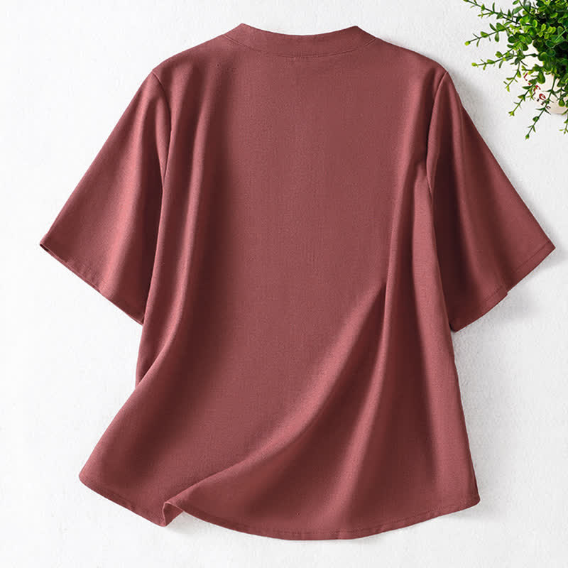 Buddha Stones Summer Tang Style Frog Button Embroidery Vines Solid Women's Short Sleeve Shirts - image 10