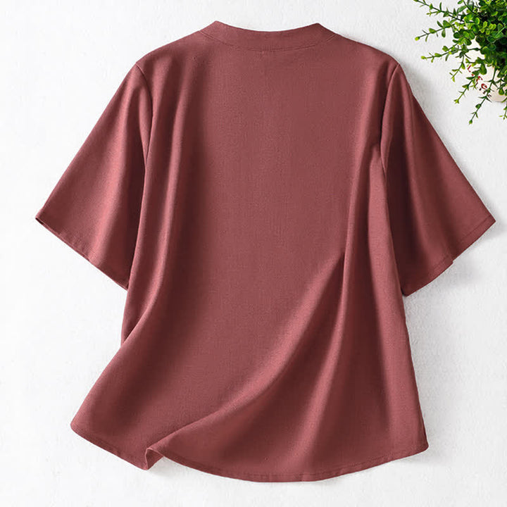 Buddha Stones Summer Tang Style Frog Button Embroidery Vines Solid Women's Short Sleeve Shirts - image 10