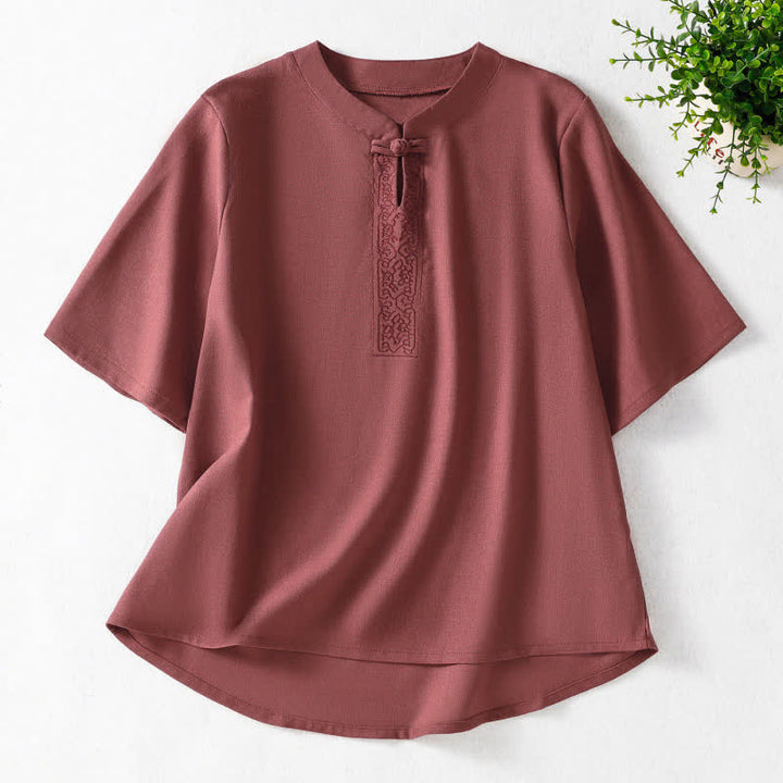 Buddha Stones Summer Tang Style Frog Button Embroidery Vines Solid Women's Short Sleeve Shirts - IndianRed - US8-10, UK/AU12-14, EU40-42 (2XL) - image 9