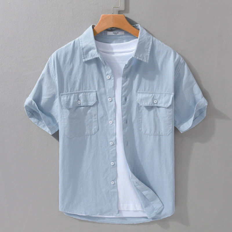Buddha Stones Summer Casual Classic Button-Up Solid Cotton Men's Short Sleeve Shirts With Patch Pockets - LightBlue - US/UK/AU42, EU52 (3XL) - image 5