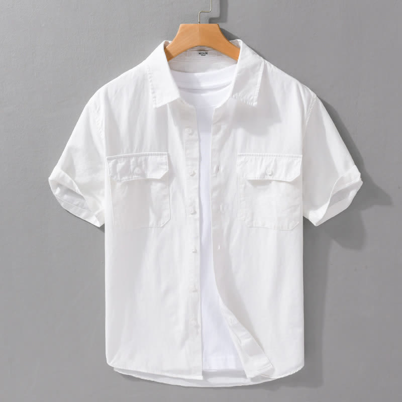 Buddha Stones Summer Casual Classic Button-Up Solid Cotton Men's Short Sleeve Shirts With Patch Pockets - White - US/UK/AU42, EU52 (3XL) - image 15