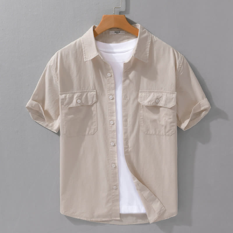 Buddha Stones Summer Casual Classic Button-Up Solid Cotton Men's Short Sleeve Shirts With Patch Pockets - Beige - US/UK/AU42, EU52 (3XL) - image 14