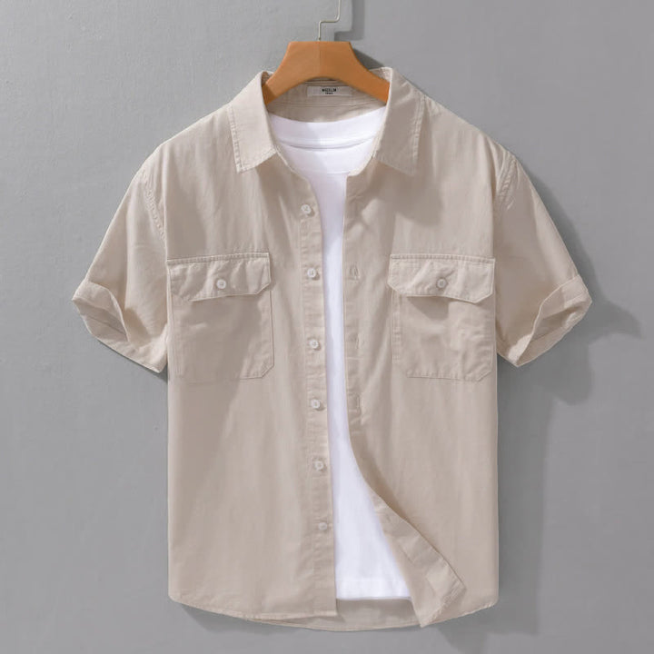 Buddha Stones Summer Casual Classic Button-Up Solid Cotton Men's Short Sleeve Shirts With Patch Pockets - Beige - US/UK/AU42, EU52 (3XL) - image 14