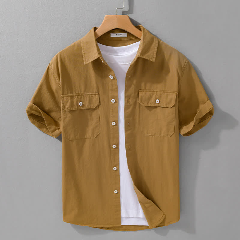 Buddha Stones Summer Casual Classic Button-Up Solid Cotton Men's Short Sleeve Shirts With Patch Pockets - Peru - US/UK/AU42, EU52 (3XL) - image 0