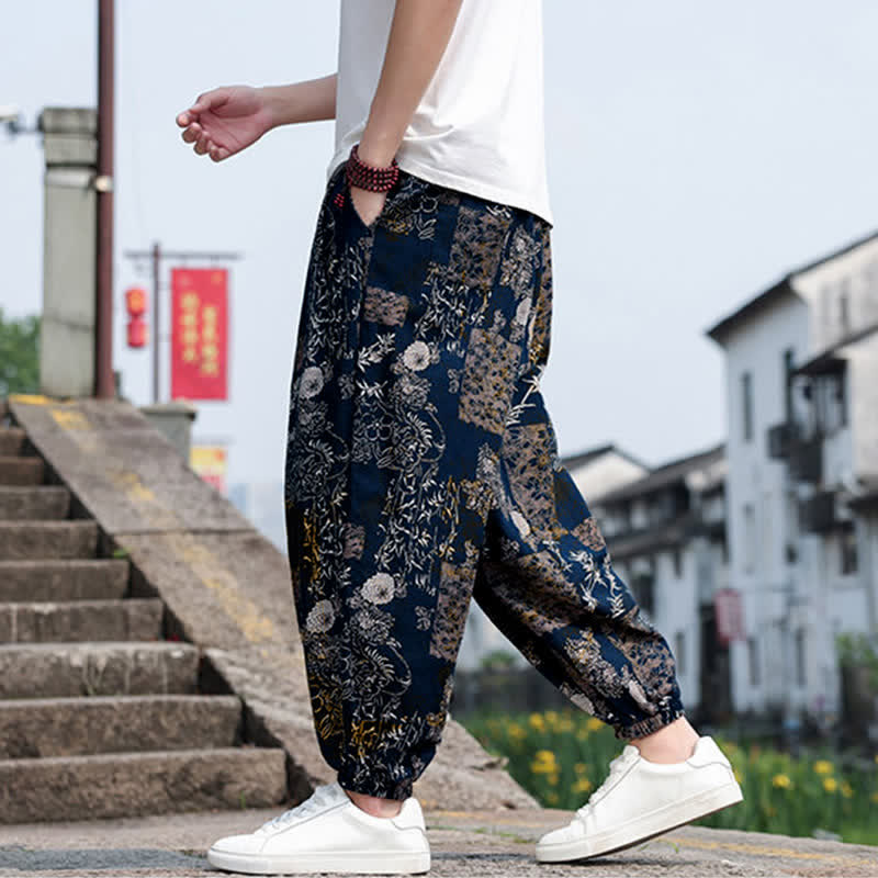 Buddha Stones Summer Boho Casual Drawstring Elephant Tree Print Cropped Pants Men's Harem Pants With Pockets - image 32